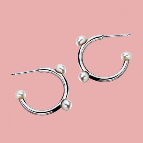 925 sterling silver three pearls hoop earrings