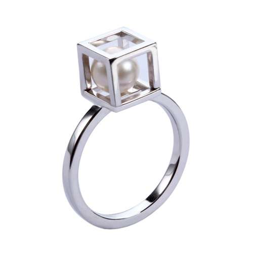 Sterling silver pearl cube cage rings