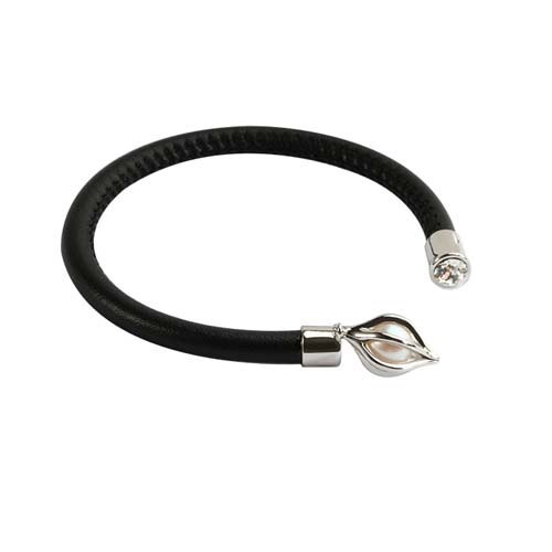 Leather pearl 925 silver adjustable bangle