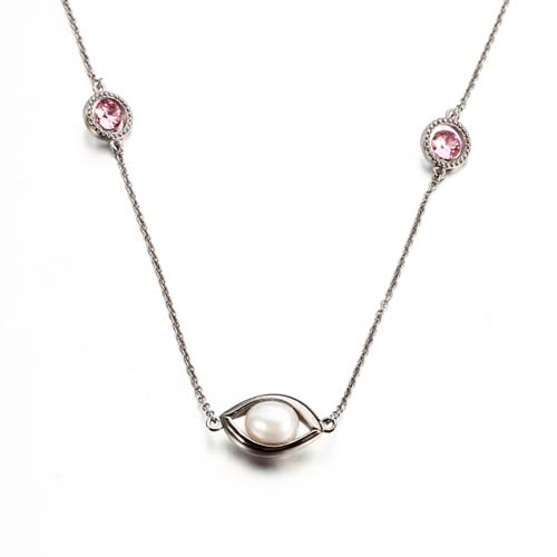 Sterling silver crystal rice pearl eye necklace