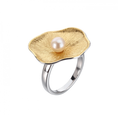 Renfook 925 sterling silver two tone plated flower pearl ring