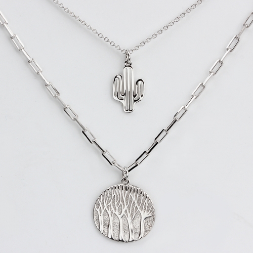 Renfook 925 sterling silver life tree and cactus two-layers chain necklace