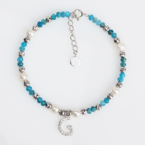 Renfook 925 sterling silver pearl and apatite letter G  bracelet women jewelry