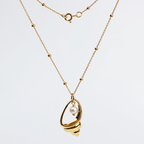 Renfook 925 sterling silver freshwater pearl shiny sea snail necklace