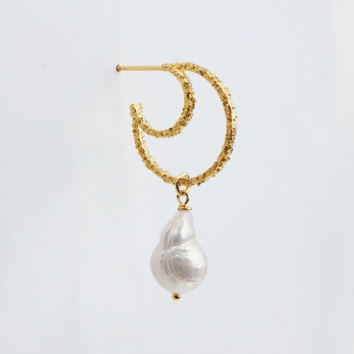 Renfook 925 sterling silver nordic minimalism hammered baroque pearl stud earring