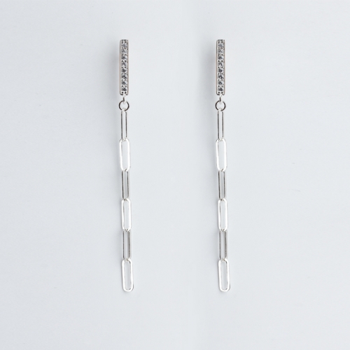 Renfook 925 sterling silver elegant long link white cz earrings