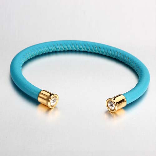 925 Sterling silver fashionable blue leather crystal open bangle