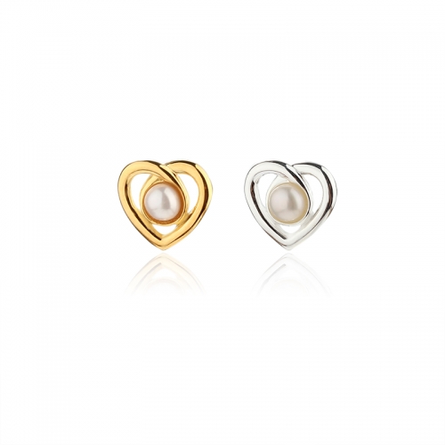 925 Sterling Silver Heart Button Pearl Earring Studs