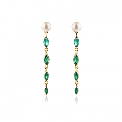 925 Sterling Silver Long Marquise CZ Pearl Studs Earrings