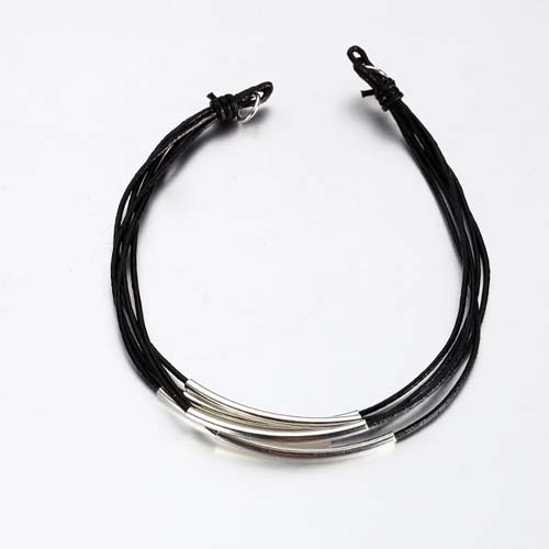 Black leather sterling silver tube layered bracelet connector