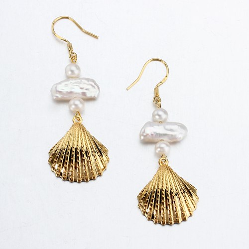 Beach themed baroque pearl 925 silver shell earrings