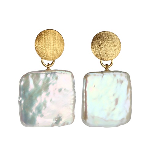 Flat square baroque pearl silver disc earrings
