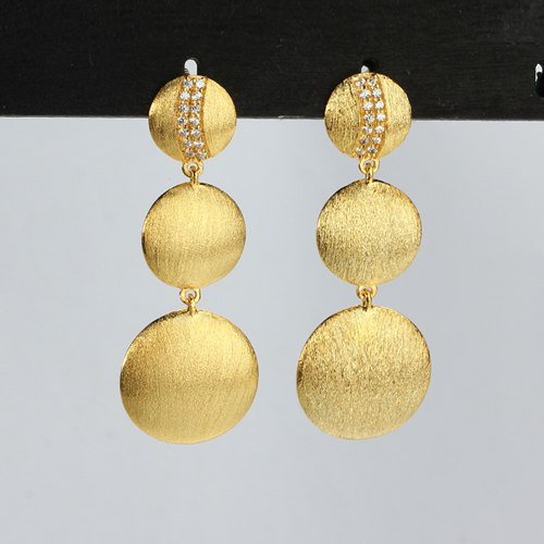 925 silver cz brushed round disc drop earrings