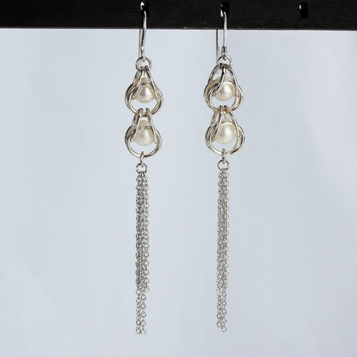 Sterling silver pearl cage tassel drop earrings