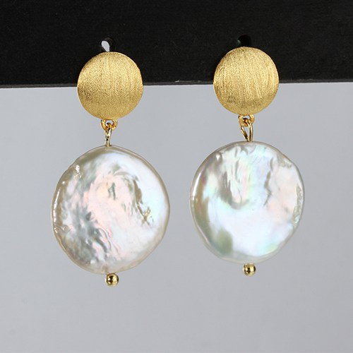 Sterling silver coin baroque pearl disc earrings