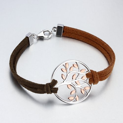 Leather 925 sterling silver life tree bracelet