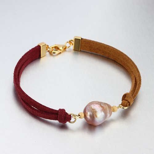 Two Tone Color Leather cord baroque pearl bracelet