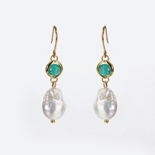 Renfook 925 sterling silver gemstone&baroque pearl earring