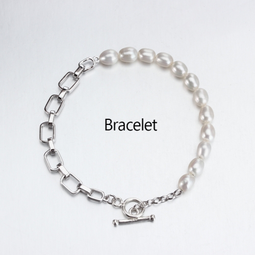 Renfook 925 sterling silver pearl long box chain toggle bracelet