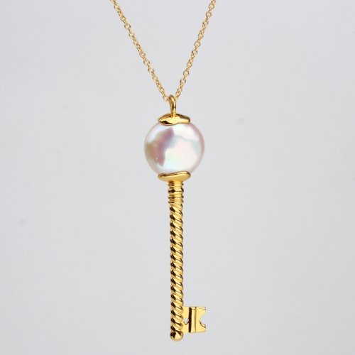 Renfook 925 sterling silver freshwater pearl or gemstone key pendant
