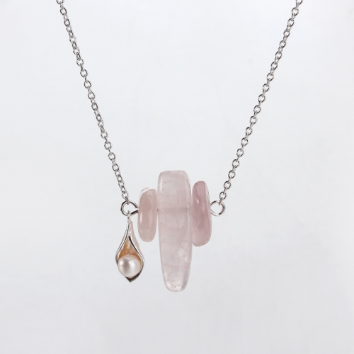 Renfook 925 sterling silver pearl and rose quartz calla pendant
