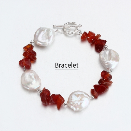 Renfook 925 sterling silver pearl and red agate bracelet for women