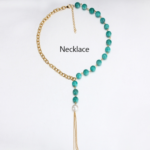 Renfook 925 sterling silver pearl and green turquoise necklace with tassel
