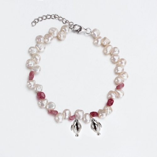Renfook 925 sterling silver pearl and tourmaline flower charm bracelet for women