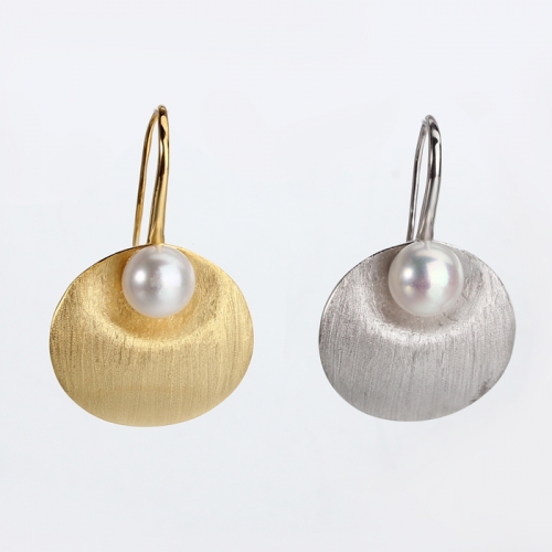 Renfook 925 sterling silver freshwater pearl brushed surface earrings