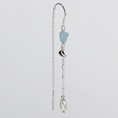 Renfook 925 sterling silver blue crystal baroque pearl chain earring