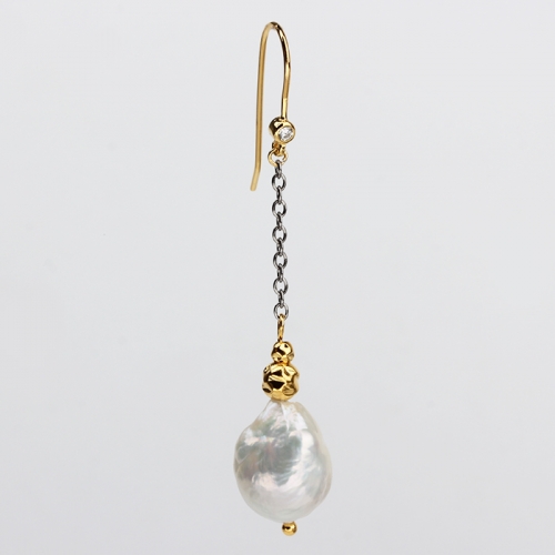 Renfook 925 sterling silver cz big baroque pearl chain earring