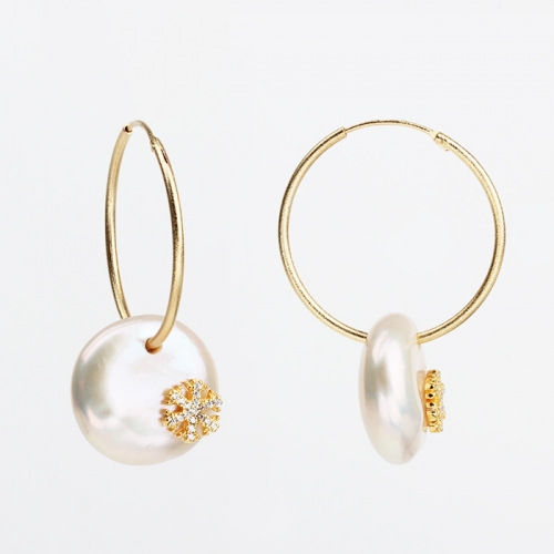 Renfook 925 sterling silver snowflake baroque pearl earring hoop