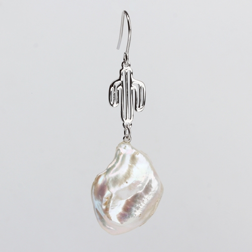 Renfook 925 sterling silver cactus connector with big baroque pearl earring