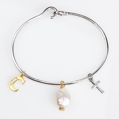 Renfook 925 sterling silver baroque pearl alphabet cross women bracelet