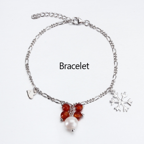 Renfook 925 sterling silver A red agate and pearl snowflake bracelet