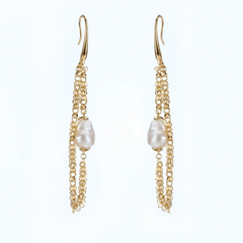 Renfook 925 sterling silver baroque pearl chain earrings