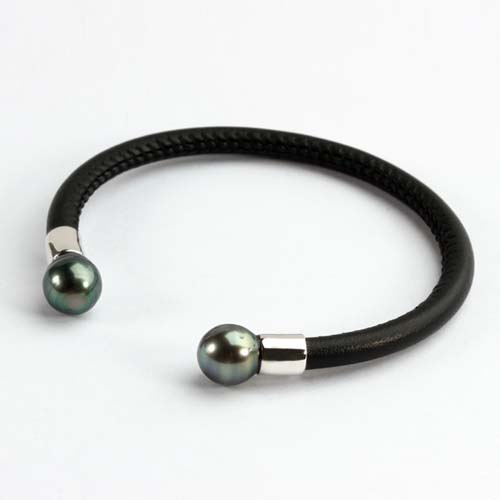 925 Sterling silver stretch black leather pearl open bangle