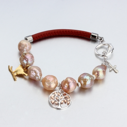 925 Sterling silver pink pearl  tree of life charm leather bracelet