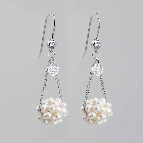 925 Sterling silver new design heart charm pearl ball dangle earrings hook