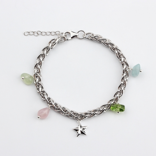 925 Sterling silver thick rope chain star gemstone charm bracelet