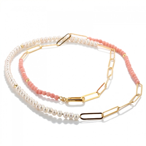 925 Sterling Silver Pearl & Pink Coral Long Necklace