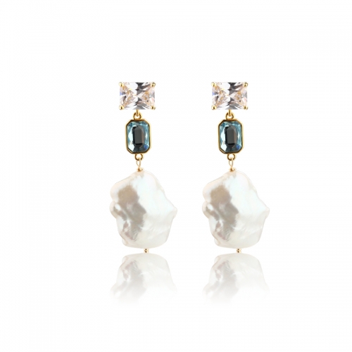 925 Sterling Silver CZ & Crystal & Baroque Pearl Earring Studs