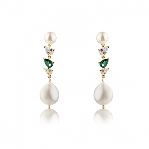 925 Sterling Silver Long CZ Baroque Pearl Studs Earrings