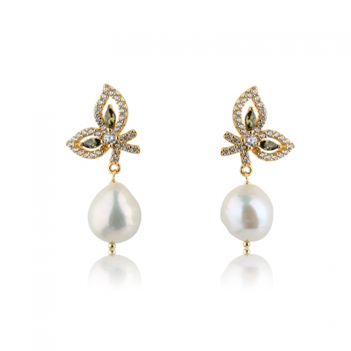 925 Sterling Silver Butterfly CZ Baroque Pearl Studs Earrings