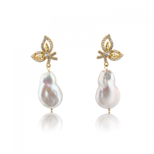 925 Sterling Silver Butterfly CZ Baroque Pearl Studs Earrings